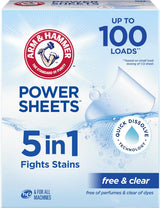 ARM & HAMMER 5in1 Power Sheets Laundry Detergent, Free & Clear, 50 Count, Minimalist Laundry Closet Upgrade, Plastic-Free Daily Loads