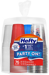 Hefty Party On Disposable Plastic Party Cups – Fourth of July Backyard Cookout Drinkware, Patriotic Red White and Blue 76-Pack