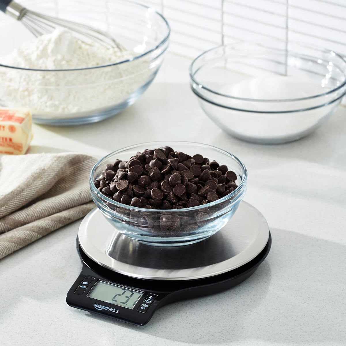 Amazon Basics Digital Kitchen Scale with LCD Display – Slim 1.3-Inch Profile for Clutter-Free Counters, 11 lb Capacity