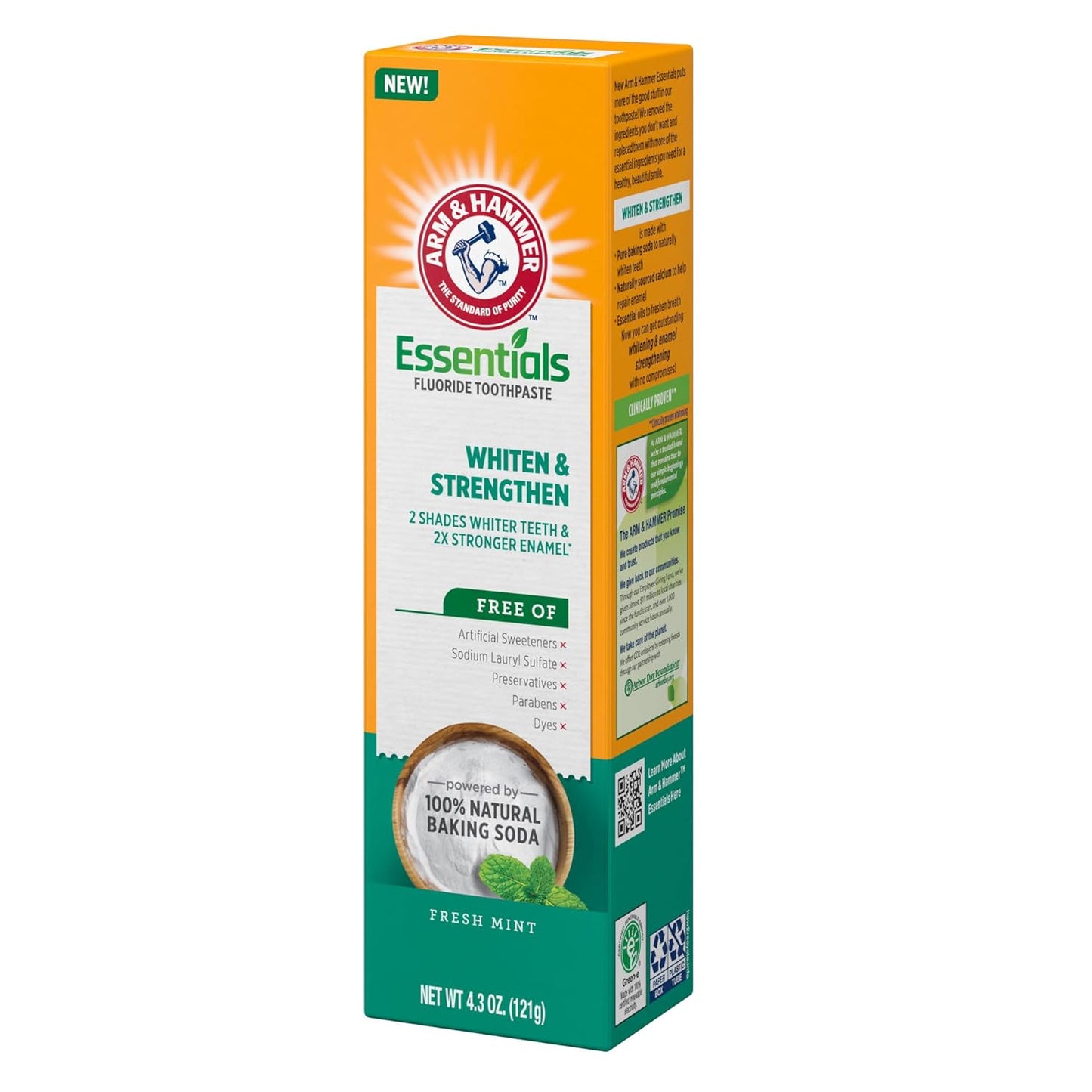 ARM & HAMMER Essentials Whiten & Strengthen Fluoride Toothpaste – Clutter Free Vanity Staple, Clean Ingredient Whitening, 4 Pack