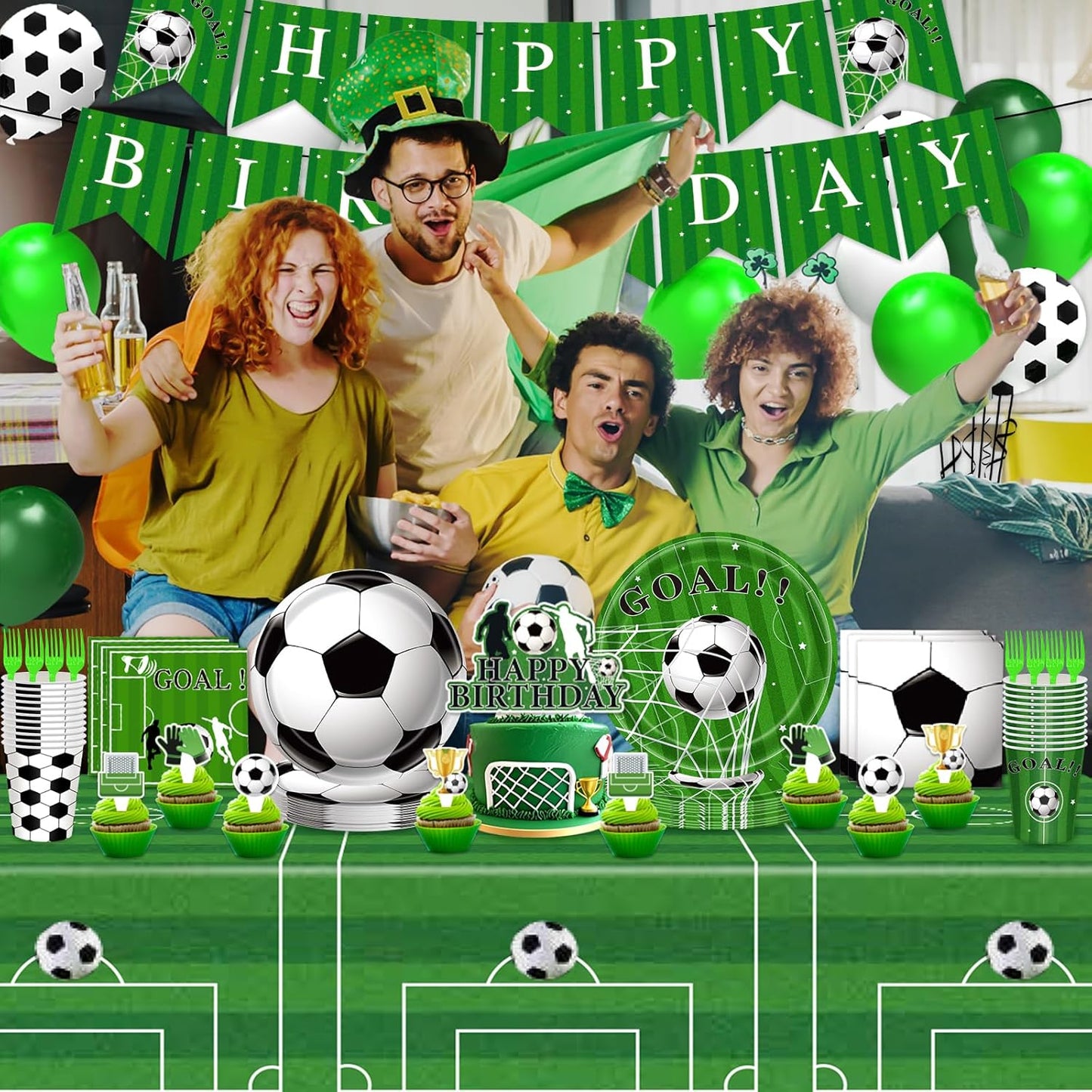 Brand Name Soccer Birthday Party Kit – 143-Piece Coordinated Green White Black Set for Clean Simple Birthday Celebrations