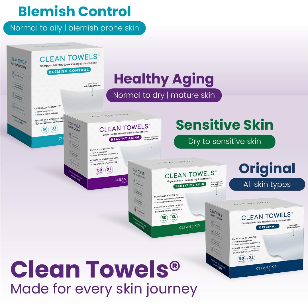 Clean Skin Club Clean Towels® XL – Self-Care Nook Essential for Pat-Drying Post-Cleansing, Treated Glycerin Dry Wipe 50 ct