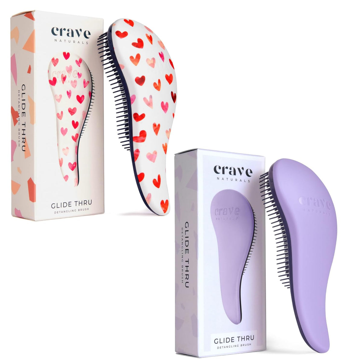 Crave Naturals Glide Thru Detangling Hair Brush for Adults and Kids - Detangler Hairbrush for Curly or Straight, Wet or Dry Hair - Gentle on Tangles Comb - Purple and Pink Hearts (Pack of 2)