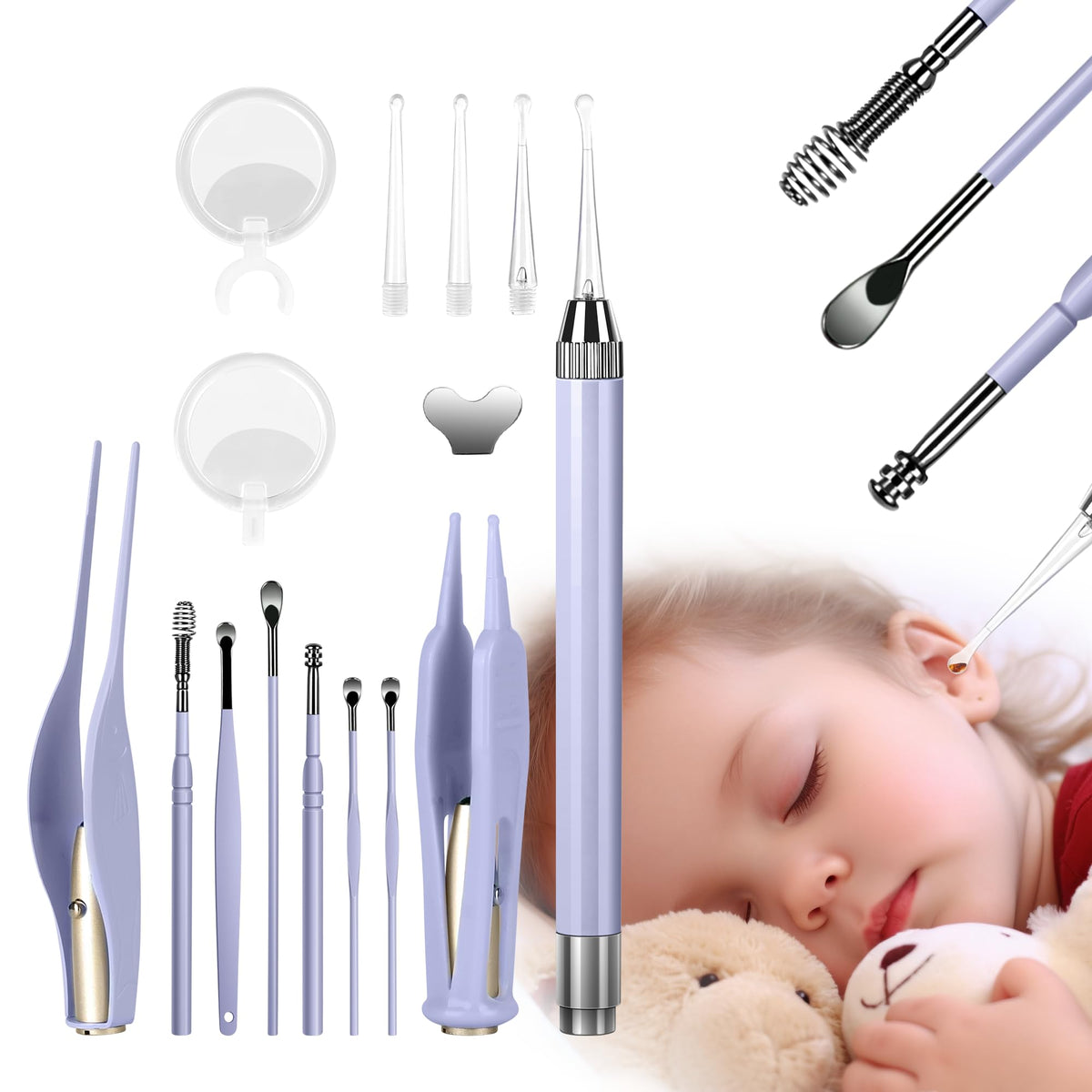 Ear Wax Removal with Light - 8 Pcs Ear Cleaning Kit for Kids and Adults | Pediatrician-Inspired Home Ear Care, Lighted Tweezers for Kids
