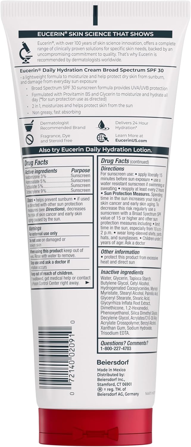 Eucerin Daily Hydration Body Cream SPF 30 – Portable Sunscreen Moisturizer for Walks and Errands, 8 Oz