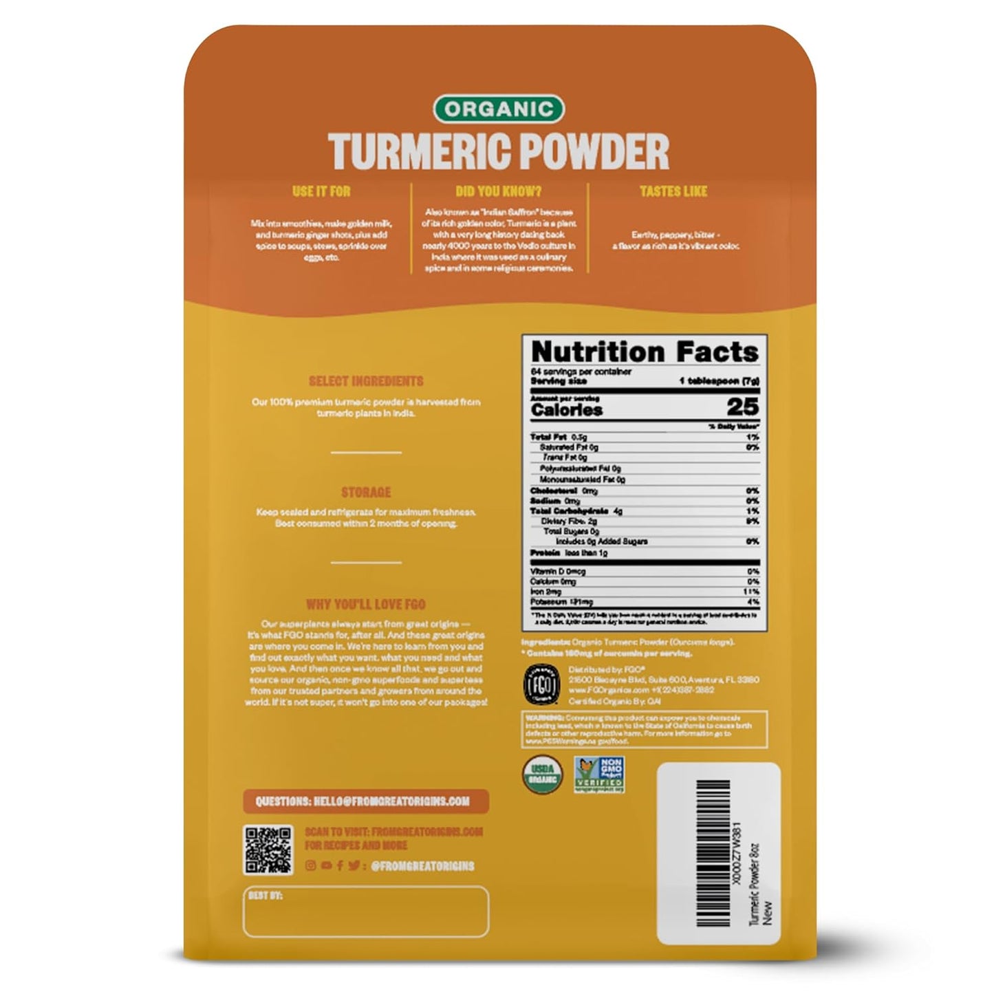 FGO Organic Turmeric Root Powder – Curcumin-Rich Pantry Staple for Morning Lattes & Self-Care Recipes, 8oz