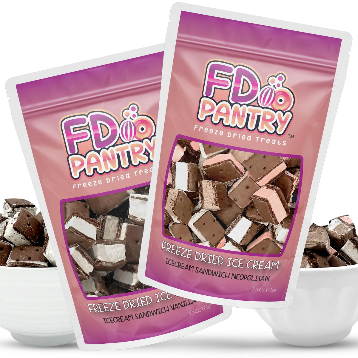 Freeze Dried Icecream Sandwich Bites, Neapolitan & Vanilla 2.5oz (2 pack) - Crunchy & Sweet Freeze Dried Dessert Snack, Dehydrated Freeze Dried Chocolate Flavors - Resealable Ice Cream Sandwich Bites