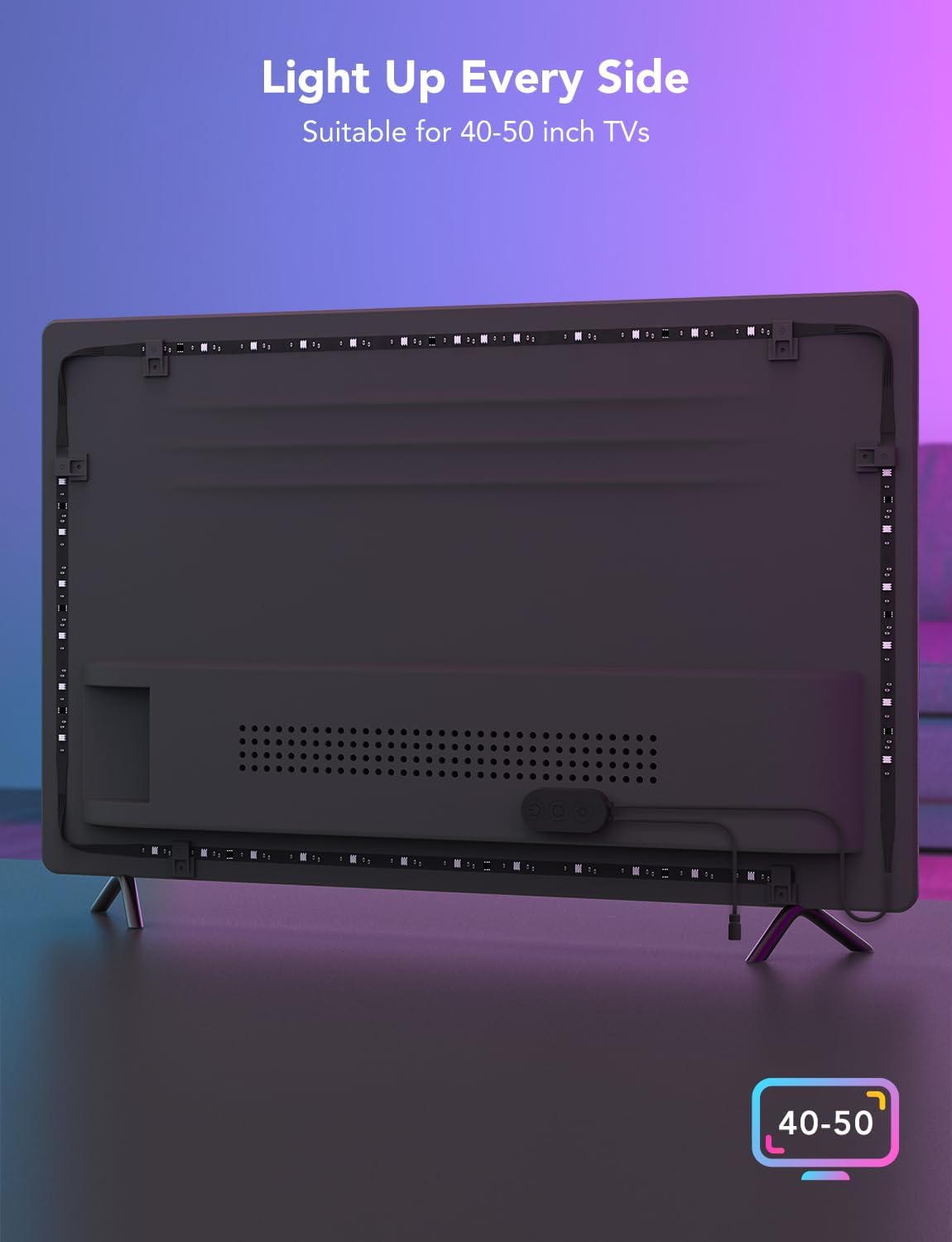 Govee RGBIC Backlight Strip – Cozy Bedroom Accent Lighting for 40-50 inch TVs, 77 Scene Modes & Music Sync