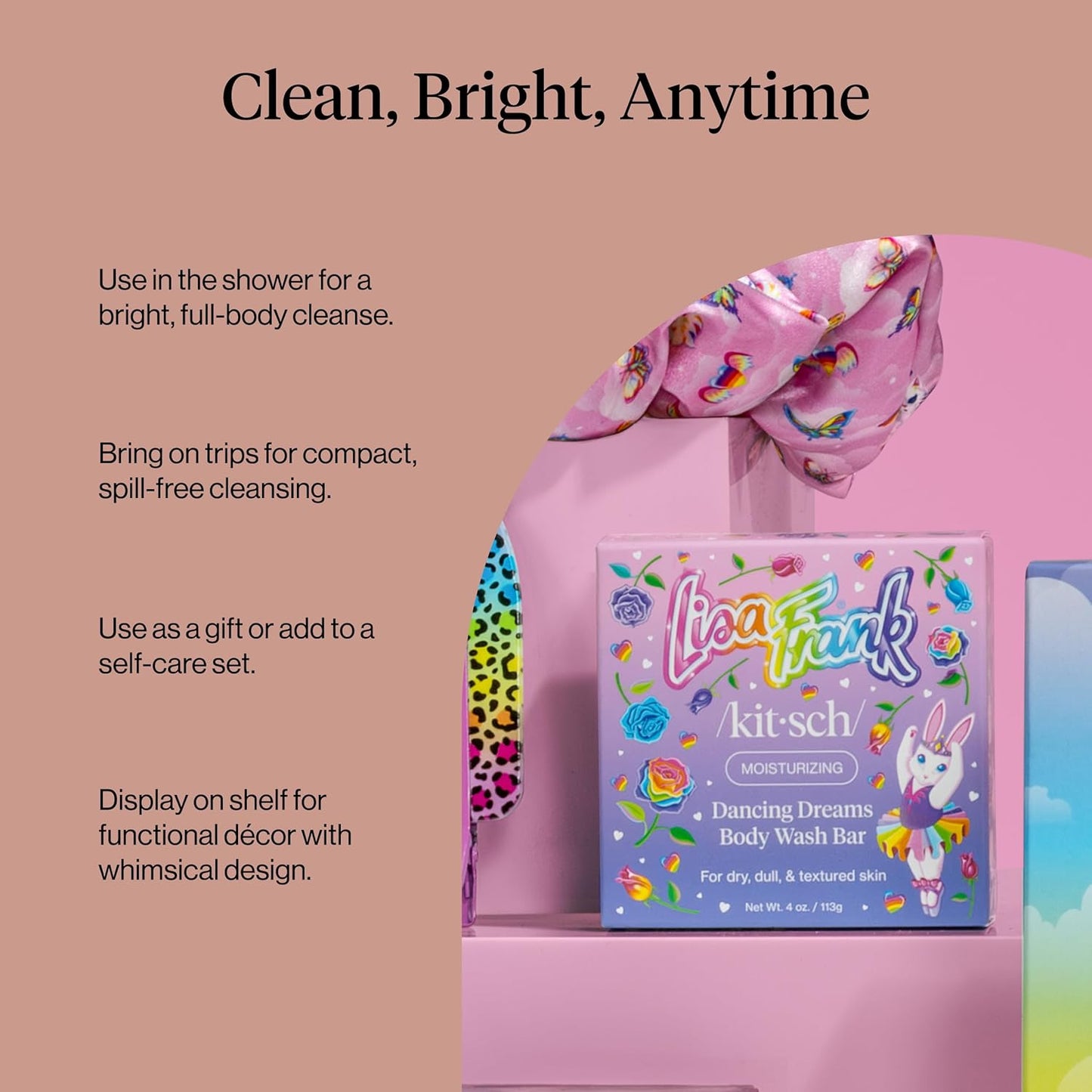 Kitsch x Lisa Frank Dancing Dreams Body Wash Bar – Evening Wind-Down Shower Essential, Shea Butter Moisturizing Exfoliating Cleanser