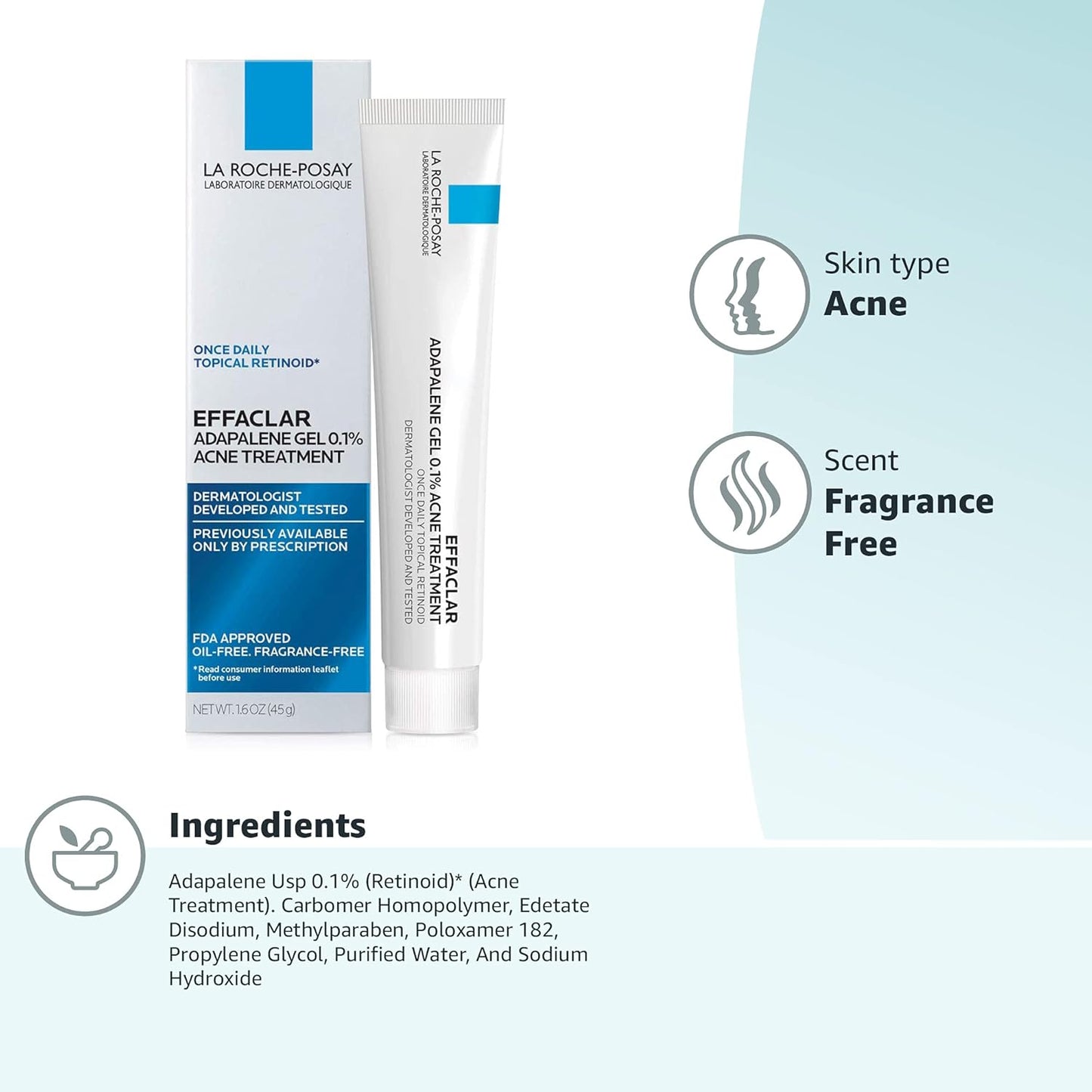 La Roche-Posay Adapalene Gel 0.1% – Unscented, Oil-Free Acne Treatment in Clean Design