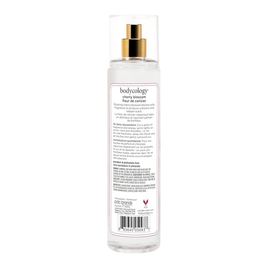 long-lasting body mist formulation with top, middle, and base notes (cherry blossom, peach, patchouli musk, vanilla)