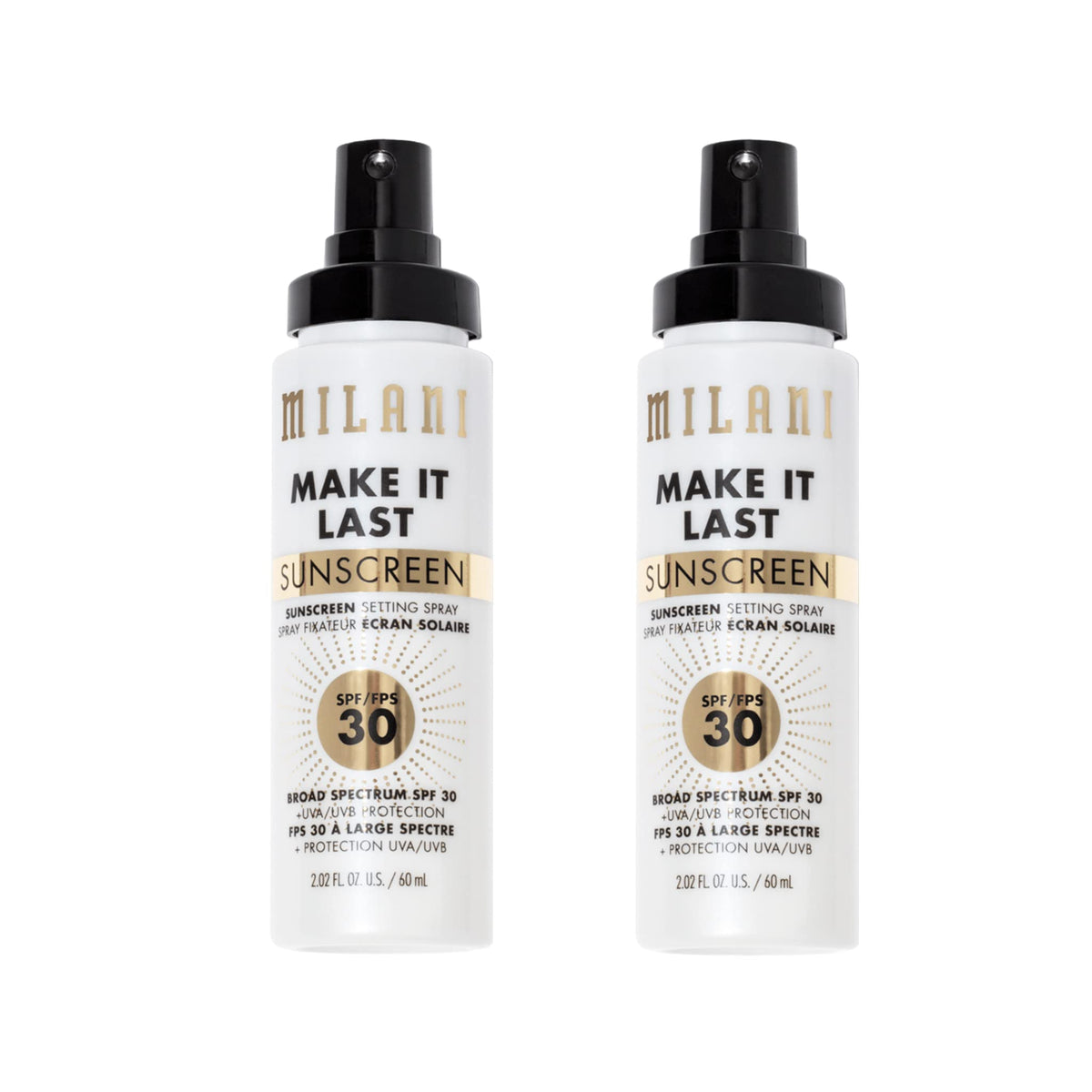 Milani Sunscreen Setting Spray + Primer, Make It Last Sunscreen for Face- SPF 30 UVA & UVB Protection Antioxidant Rich Formula for Broad Spectrum Protection, Prime + Set + Protect, 2.02Fl. Oz - 2 Pack