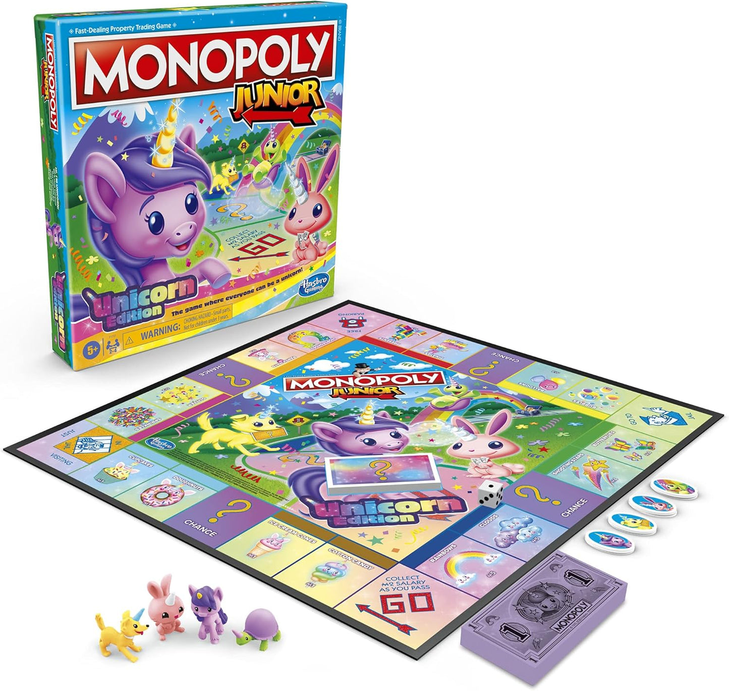 Monopoly Junior Unicorn Edition Board Game – Safe Indoor Play Activity for Kids Ages 5-8 in Playroom and Bedroom
