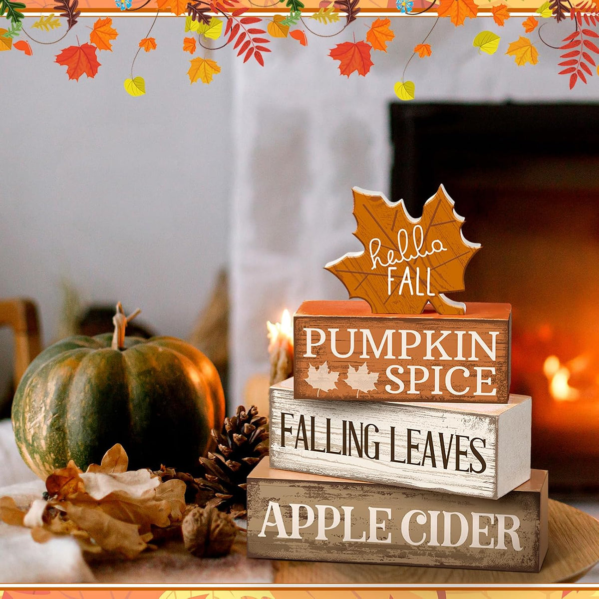 Moucuny Hello Fall Maple Leaf Wooden Sign and Book Stack Set – Thoughtful Autumn Hostess Gift and Thanksgiving Dinner Present for Her