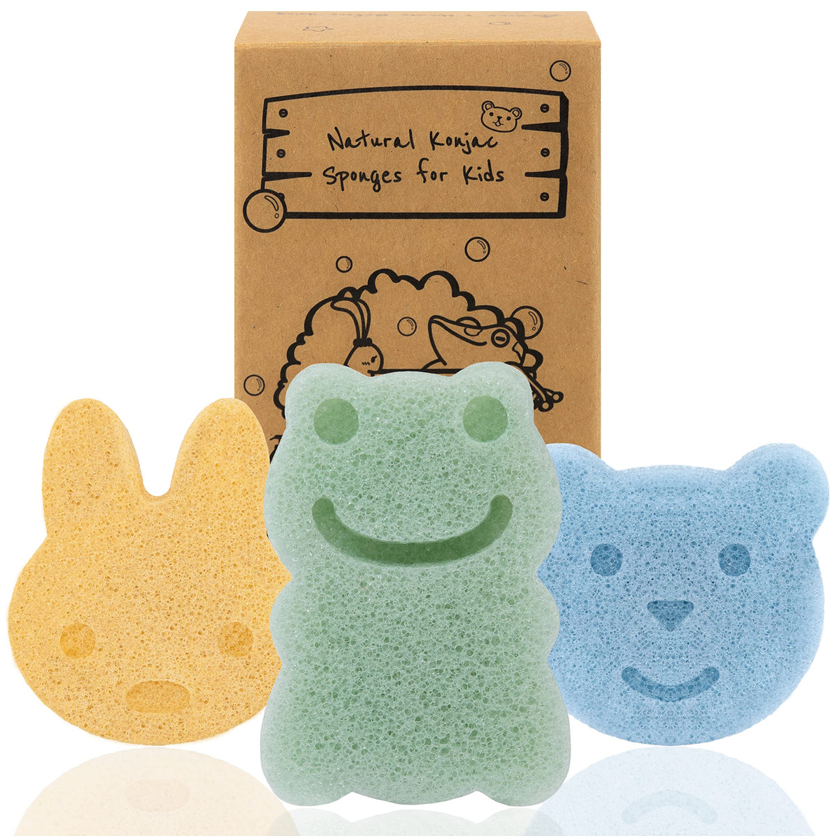myHomeBody Konjac Baby Sponge for Bathing, Cute Shapes Natural Kids Bath loofah for Infants, Toddler, Newborns, Safe Plant-Based, 3pc. Set: Rabbit, Frog, Bear face