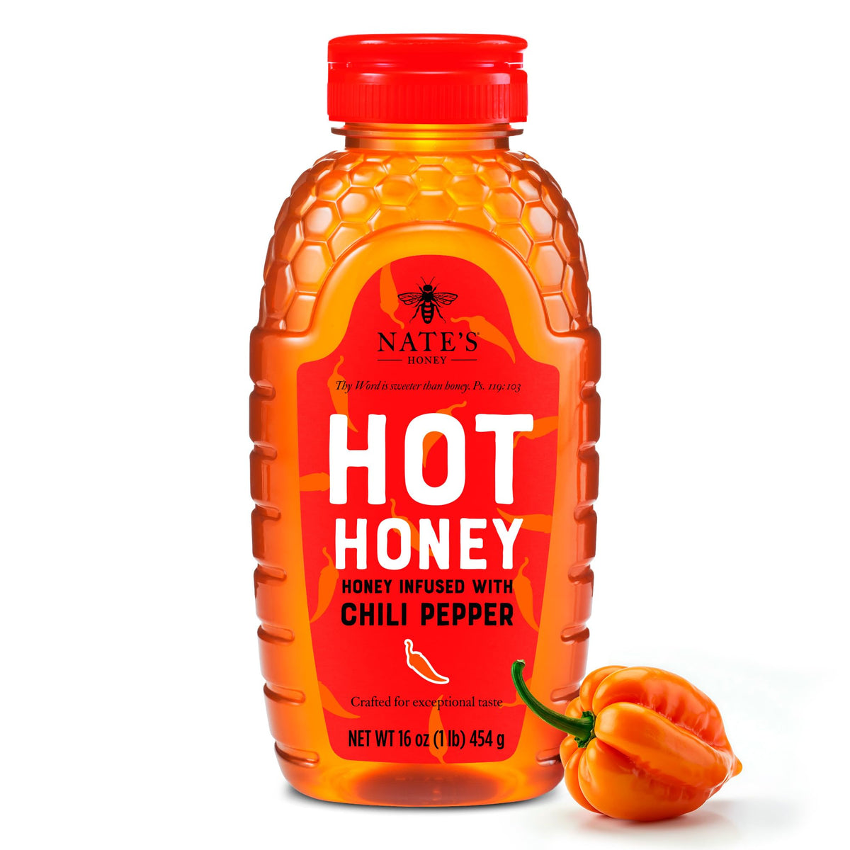 Nate's Hot Honey - 100% Pure Honey Infused with Habanero Chili Pepper Flakes, Award-winning Taste - 16 oz Squeeze Bottle