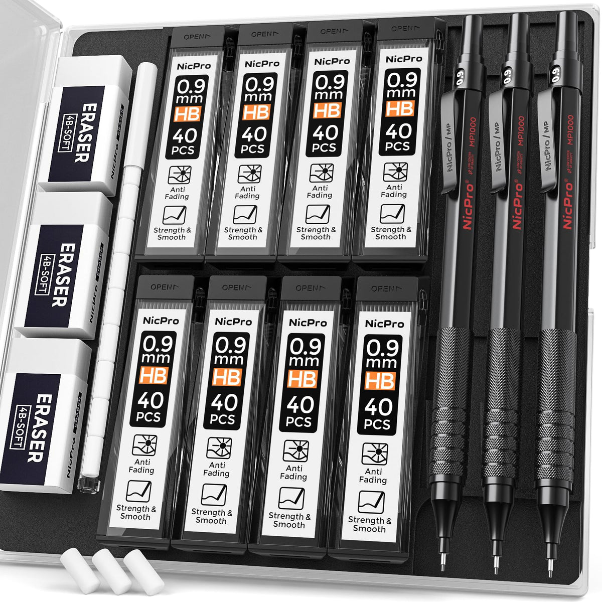 Nicpro 0.9 Metal Mechanical Pencil Set with Case, 3PCS Black MP1000 0.9mm Drafting Pencil, 8 Tubes HB Lead Refills, 3PCS Erasers, Erasers Refills for Artist Writing, Drawing, Sketching