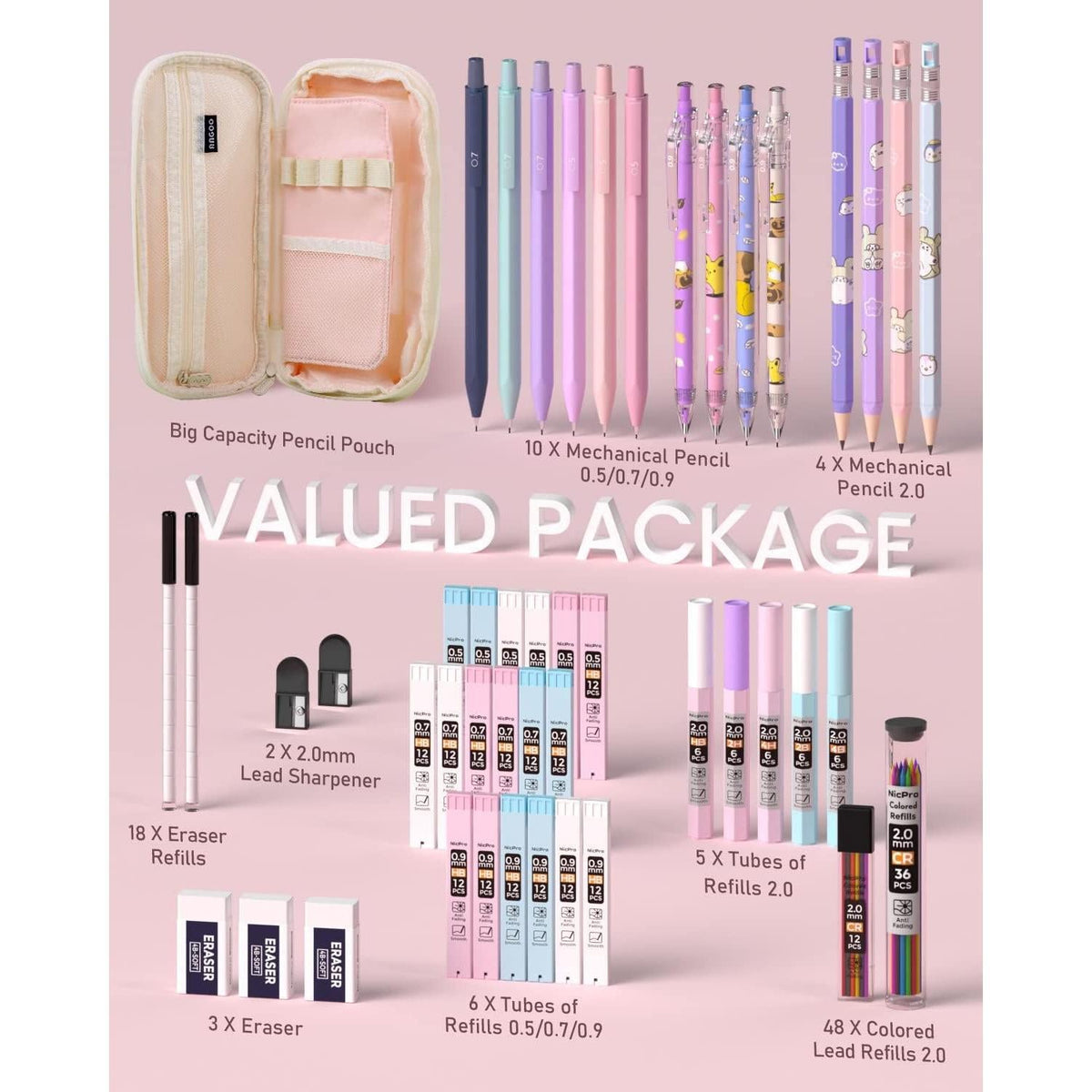 Nicpro Pink Mechanical Pencil Bundle – Christmas and Graduation Gift for Girls, Drawing and Note-Taking Set with Carry Pouch