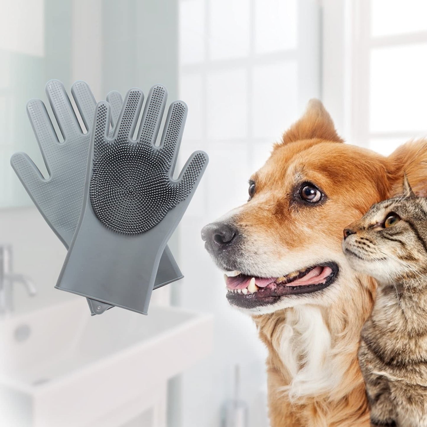 Pet Grooming Gloves – Housewarming Gift for New Puppy or Kitten Parents, Silicone Bath Massage Glove