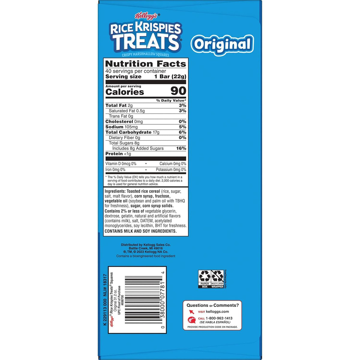 Rice Krispies Treats Crispy Marshmallow Squares – Back-to-School Classroom Party Snack Pack, Bulk 40-Count Box