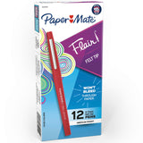 Paper Mate Flair Red Felt Tip Pens 12 Pack – Washable Easy-Grip School Supplies for Kids' Homework Stations