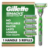 Gillette Mach3 Sensitive Razor – Travel-Toiletry Shave System for Gym Lockers and Hotel Showers, 5 Refills