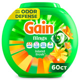 Gain Flings Color Safe Laundry Pacs for Kids Bedroom and Playroom Wardrobes, Island Fresh Odor Defense Pods 60 Count