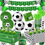 Brand Name Soccer Birthday Party Kit – 143-Piece Coordinated Green White Black Set for Clean Simple Birthday Celebrations
