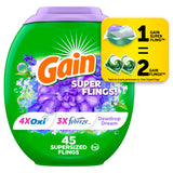 Gain Super Flings Laundry Detergent Pacs for Home Office Background Fresh, Dewdrop Dream Scent That Keeps Focus Without Distraction