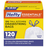 Hefty Essentials Drawstring 13 Gallon Tall Kitchen Trash Bags – White Drawstring Bags for Office Break Rooms, Study Spaces, and Focused Workday Routines, Bulk Pack