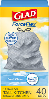 Glad Tall Kitchen Trash Bags 13 Gallon – RipGuard LeakGuard Drawstring for Family-Safe Kitchens, Febreze Fresh Clean 110 Count