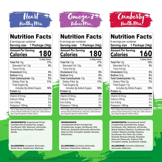 three proprietary blends: cranberry health mix, heart healthy mix, and omega-3 deluxe mix
