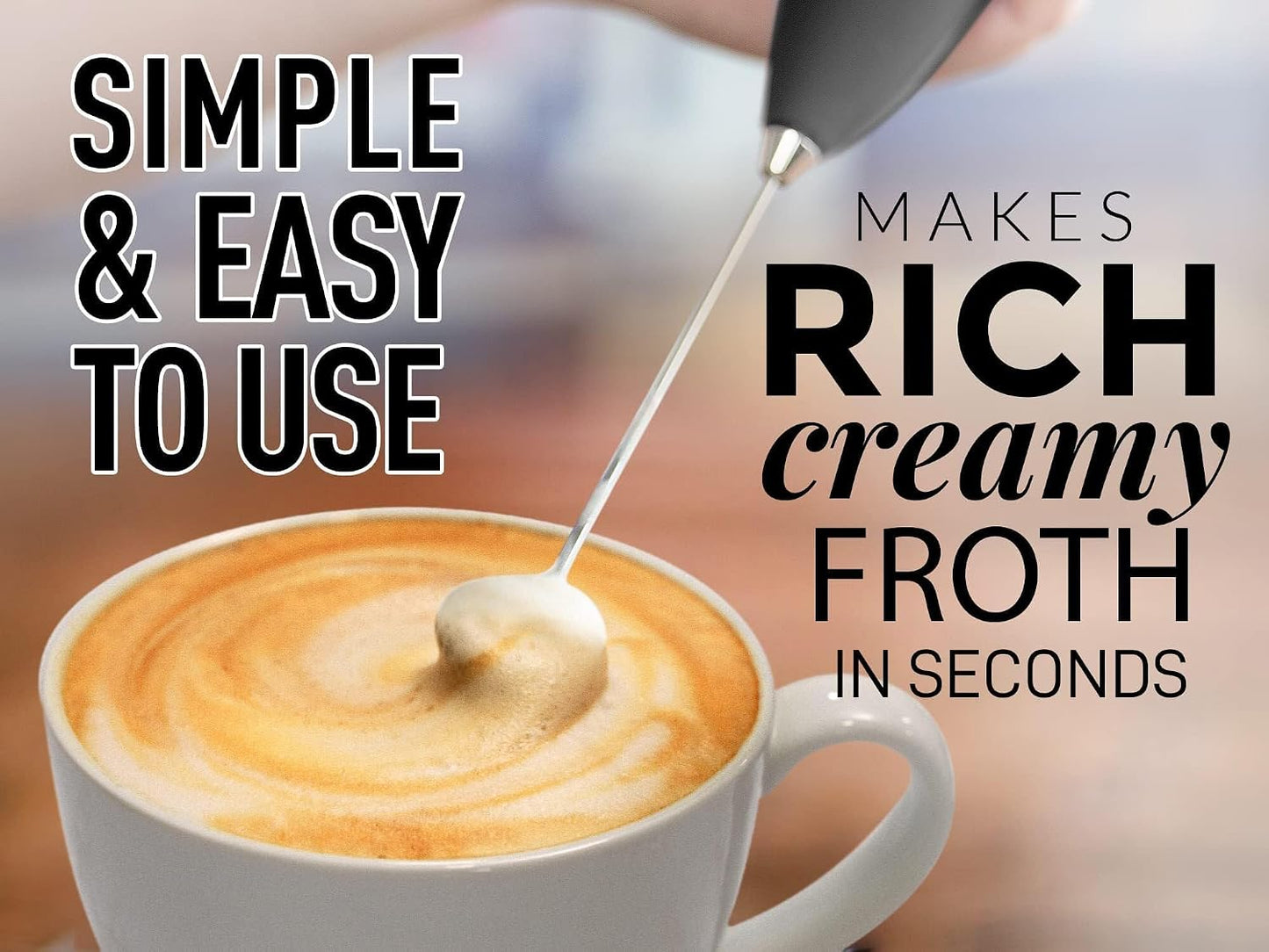 Zulay Kitchen Handheld Frother Wand with Stainless Finish – Effortless Neutral-Toned Kitchen Staple for Daily Lattes in Pure Black