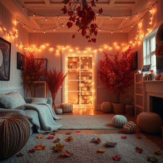 Cozy Room Lighting Ideas with warm LED lights and autumn decor, featuring pumpkins and fall leaves.