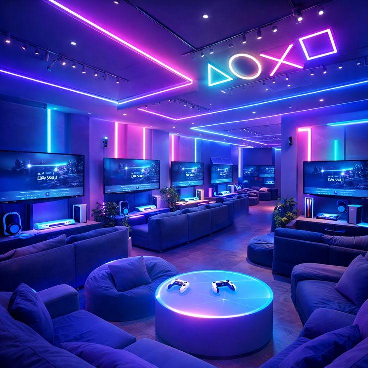 Best LED lights for Every room in a stylish gaming lounge with vibrant neon lighting.