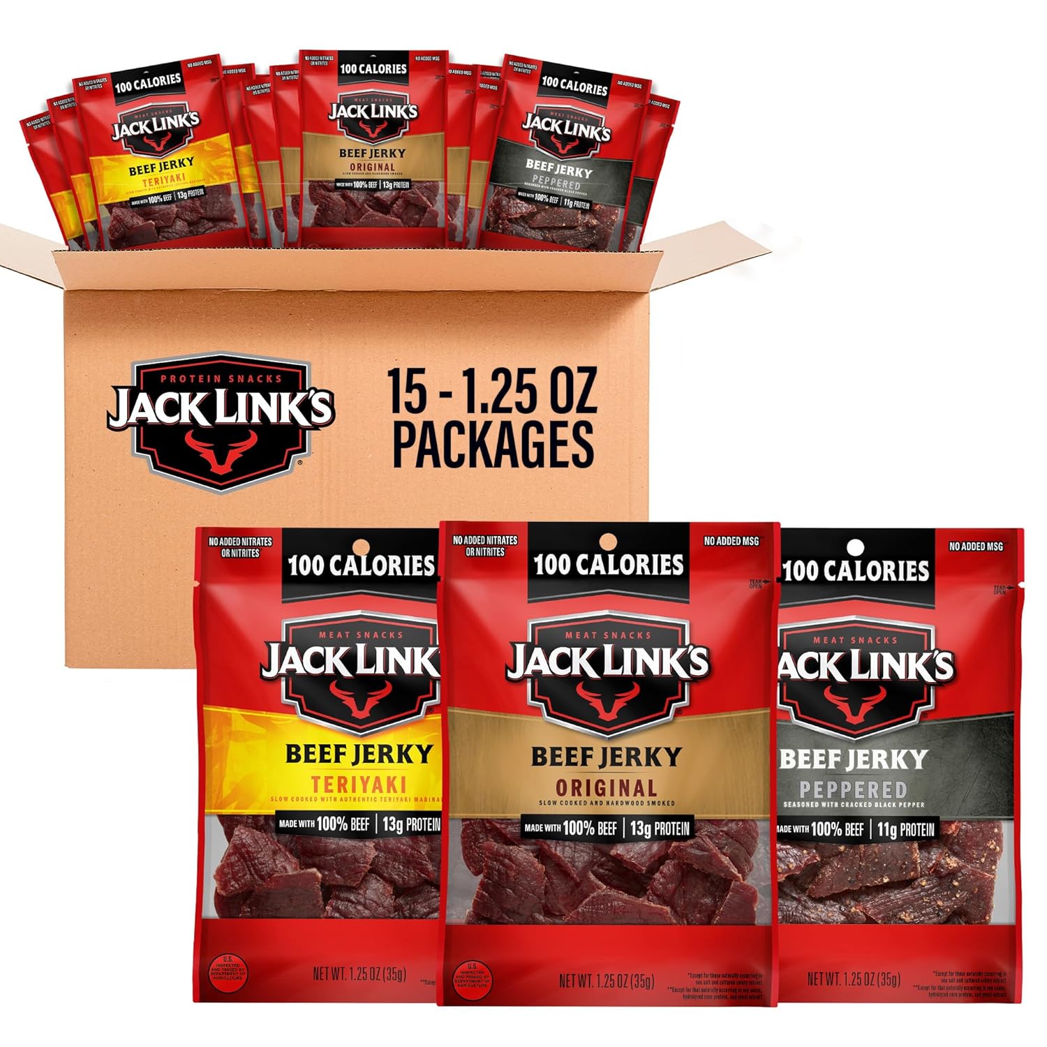 1.25 oz single-serve bags in a 15- or 30-count bulk pack (6 original, 5 teriyaki, 4 peppered in the 15-pack)