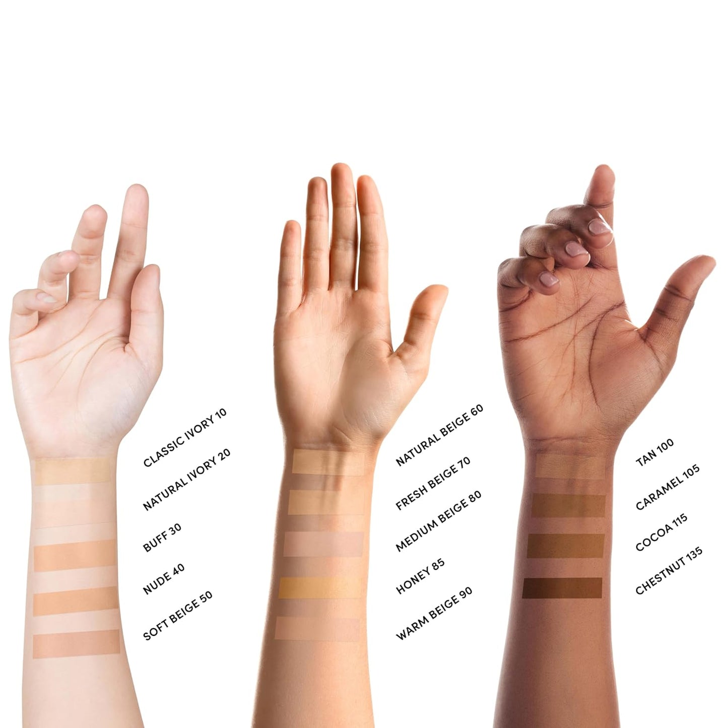 1 fl oz bottle size offered in 15 shade variations (classic ivory through chestnut)