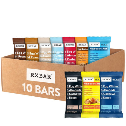 10-bar variety pack: 7 rxbar core bars plus 3 rxbar nut butter and oat bars