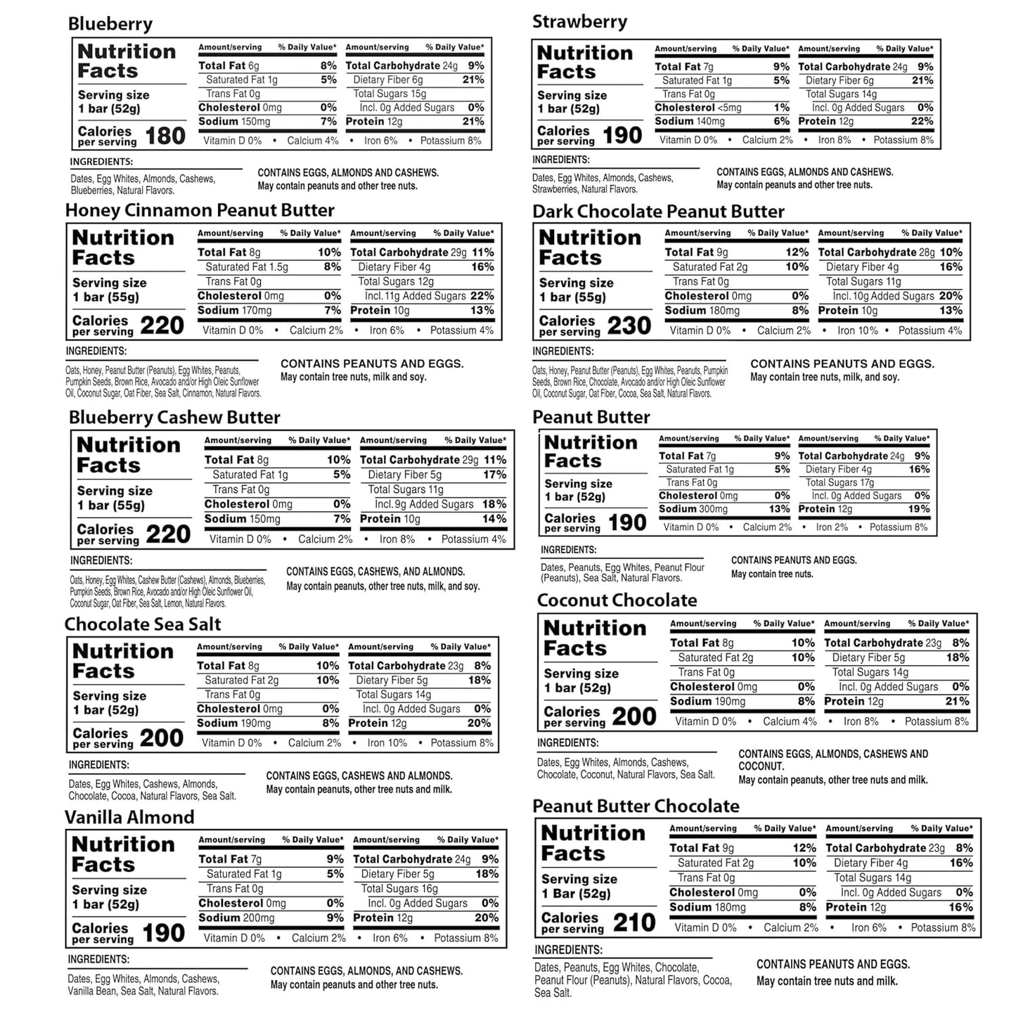 10 distinct flavors including chocolate sea salt, blueberry, coconut chocolate, peanut butter, strawberry, peanut butter chocolate, vanilla almond, honey cinnamon peanut butter, blueberry cashew butter, and dark chocolate peanut butter