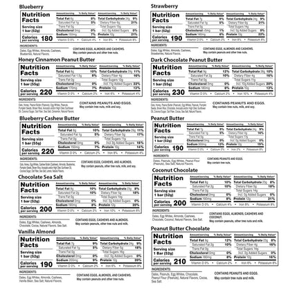 10 distinct flavors including chocolate sea salt, blueberry, coconut chocolate, peanut butter, strawberry, peanut butter chocolate, vanilla almond, honey cinnamon peanut butter, blueberry cashew butter, and dark chocolate peanut butter