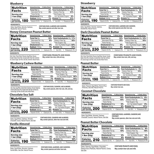 10 distinct flavors including chocolate sea salt, blueberry, coconut chocolate, peanut butter, strawberry, peanut butter chocolate, vanilla almond, honey cinnamon peanut butter, blueberry cashew butter, and dark chocolate peanut butter