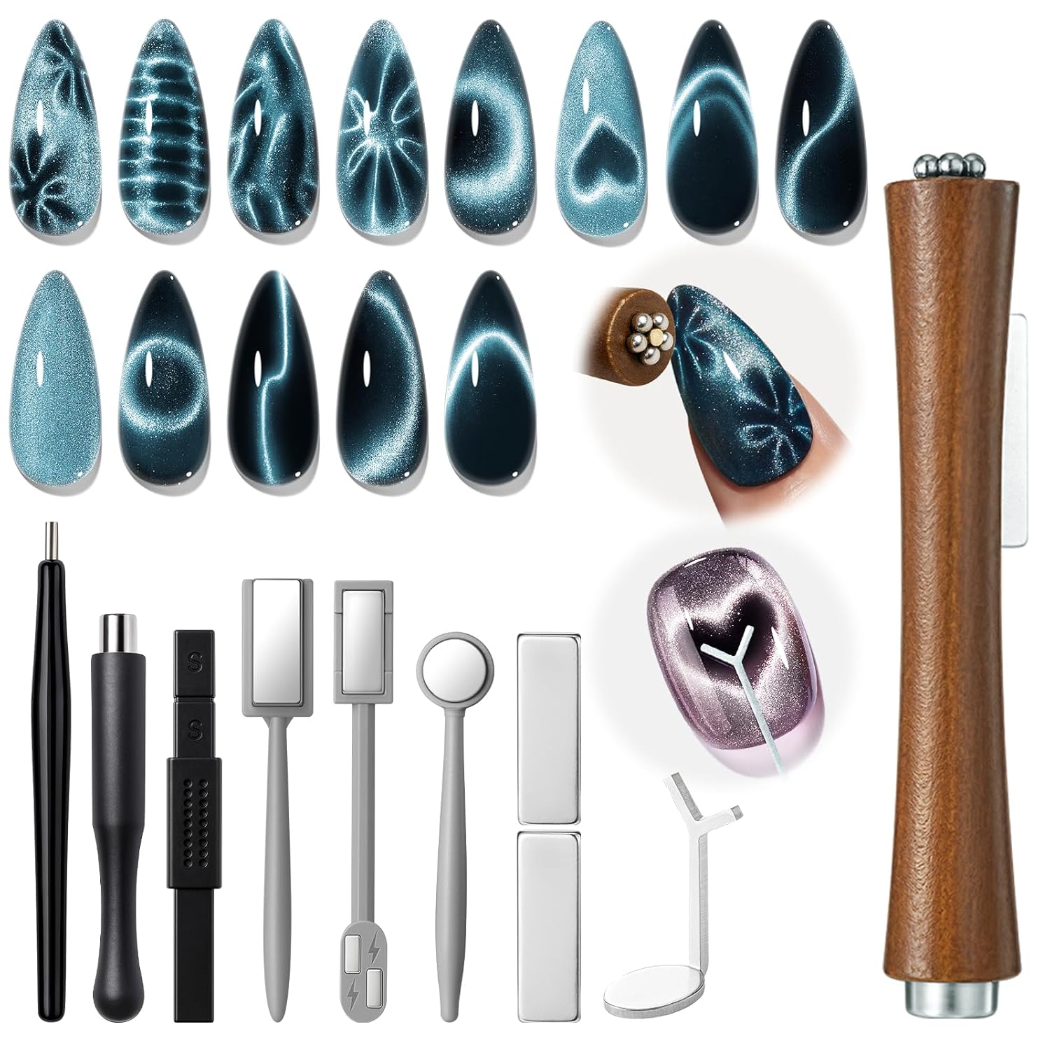 10-piece set including heart, round, square, double-head, and 3-in-1 pen magnets in varied shapes and sizes