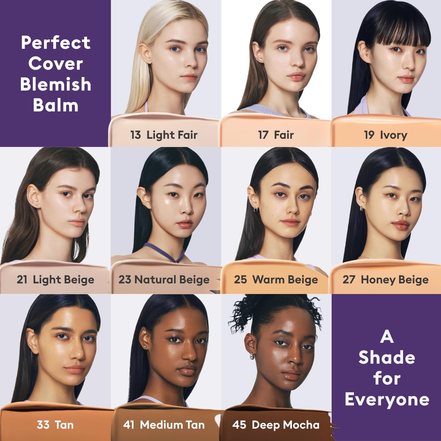 10 shade variations from light fair (no.13) to deep mocha (no.45) covering cool, neutral, and warm undertones