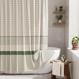 AmazerBath Boho Shower Curtain – Modern Farmhouse Bathroom Decor with Tassels, Faux Linen Green Striped 72x72 Shower Curtain Set with Hooks