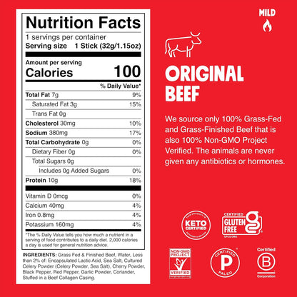 100% grass-fed and finished beef from real, identifiable ingredients (no nitrates beyond cultured celery powder)