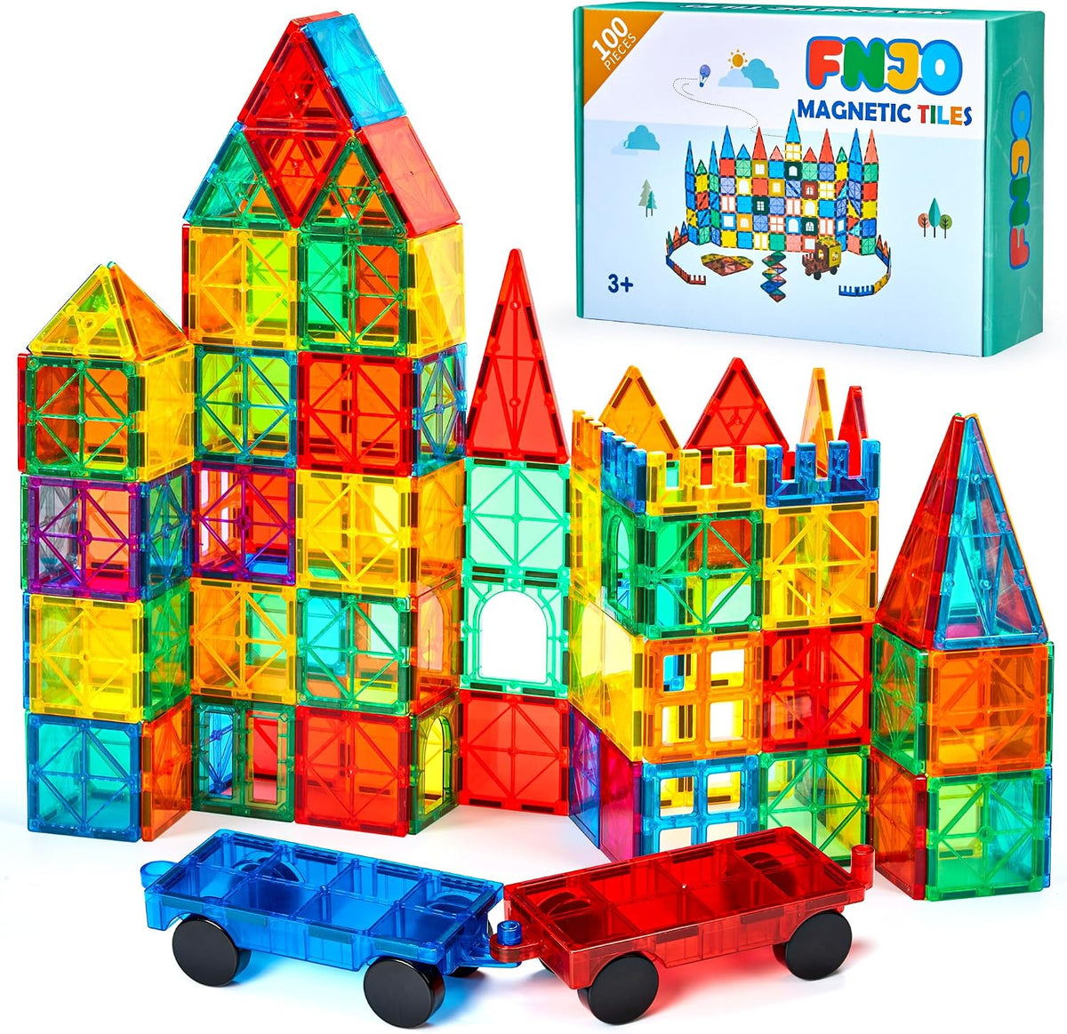 100-piece set: 94 magnetic shape tiles, 2 car bases, and 4 non-magnetic click-ins