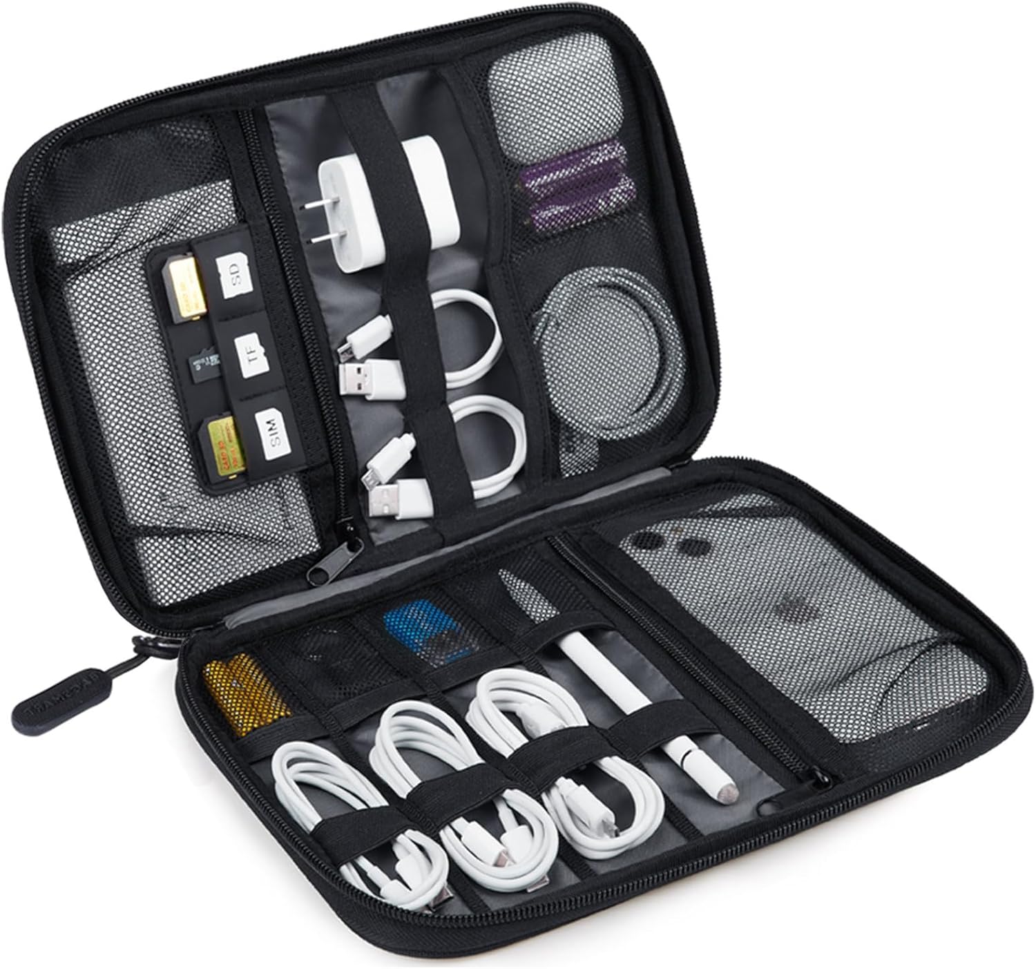 11 compartments including 2 zippered mesh pockets, 6 elastic loop pouches, and dedicated sd card slots