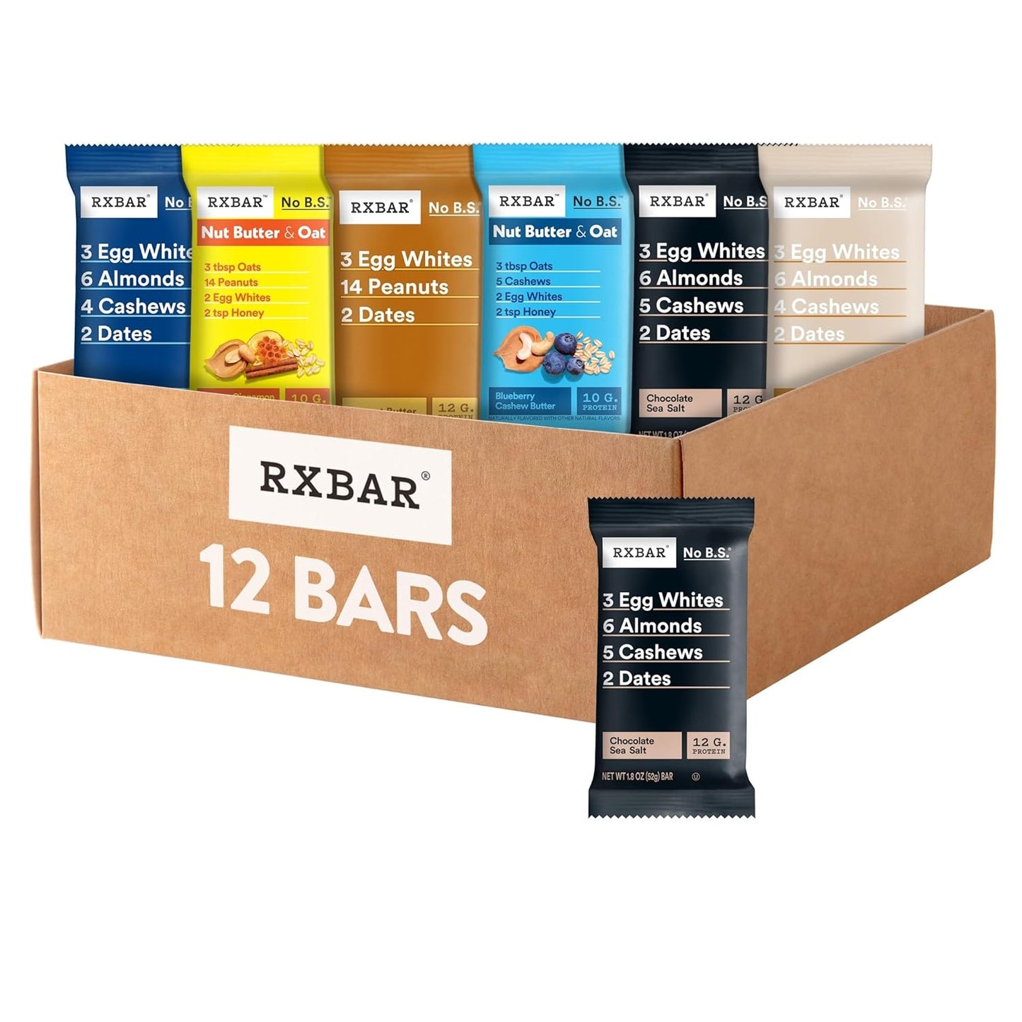 12-count variety pack with 6 distinct flavors (peanut butter, chocolate sea salt, blueberry, coconut chocolate, honey cinnamon peanut butter, blueberry cashew butter)