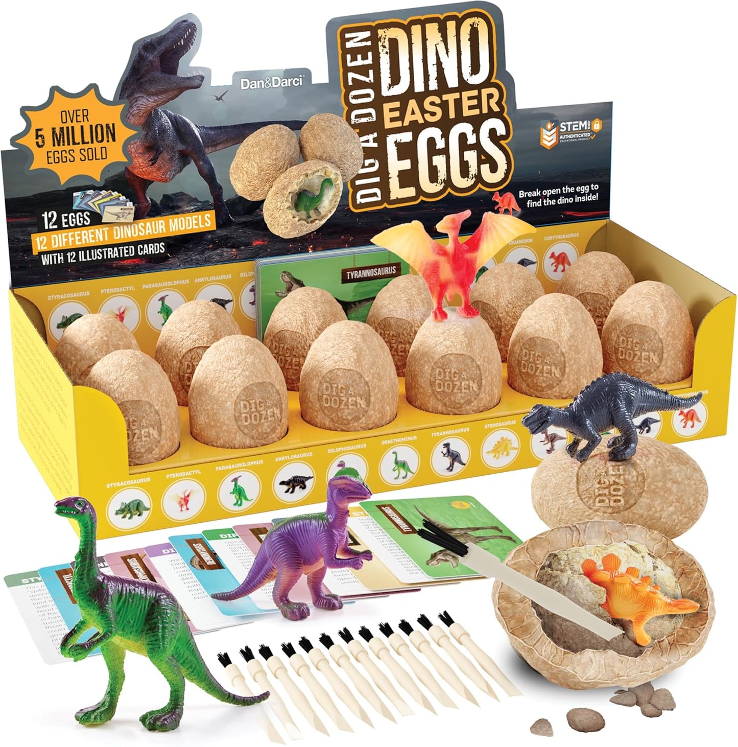 12 individually-wrapped dino eggs each containing a unique dinosaur model (t-rex, stegosaurus, pterodactyl, etc.)