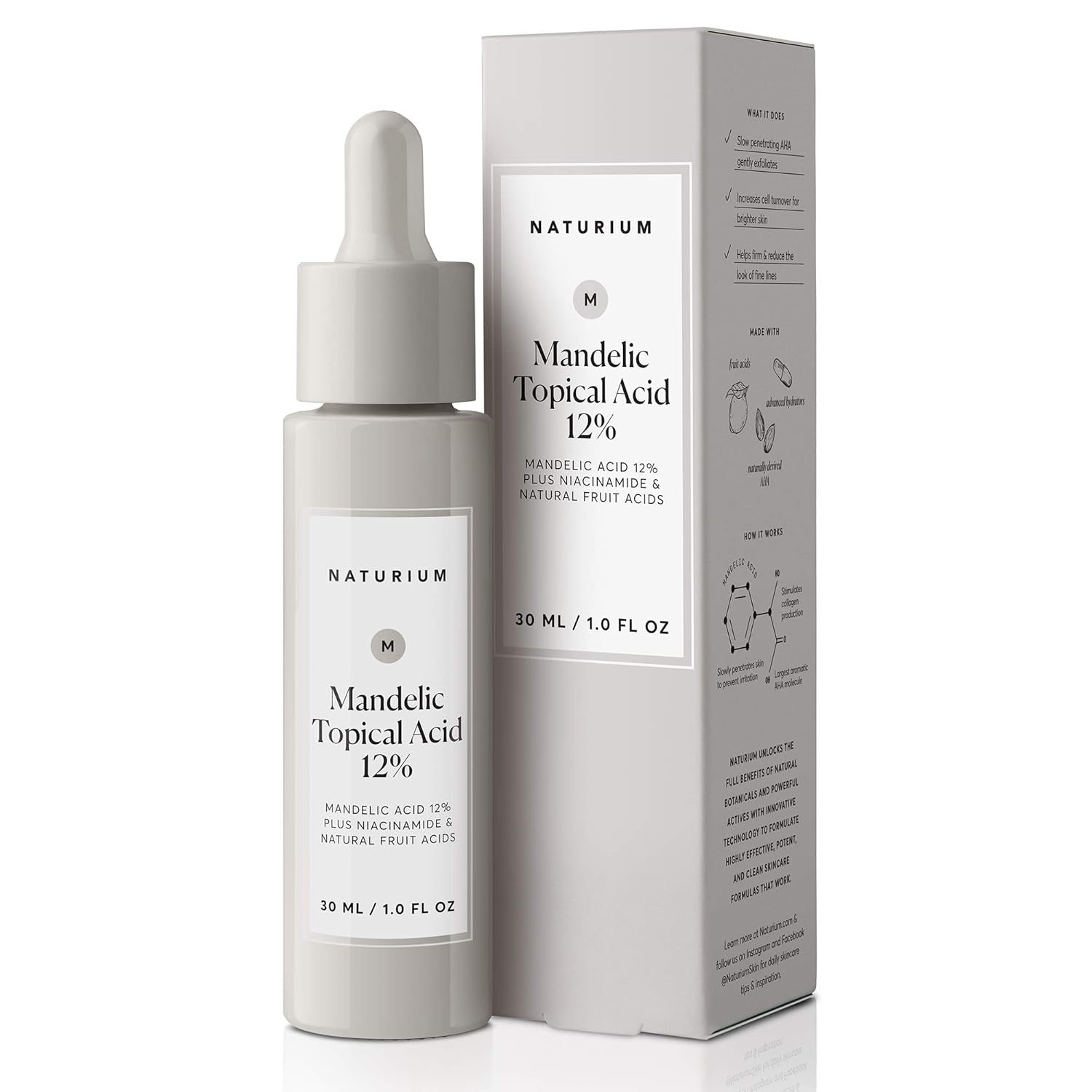 12% mandelic acid, a slow-penetrating alpha hydroxy acid (aha) that stimulates collagen